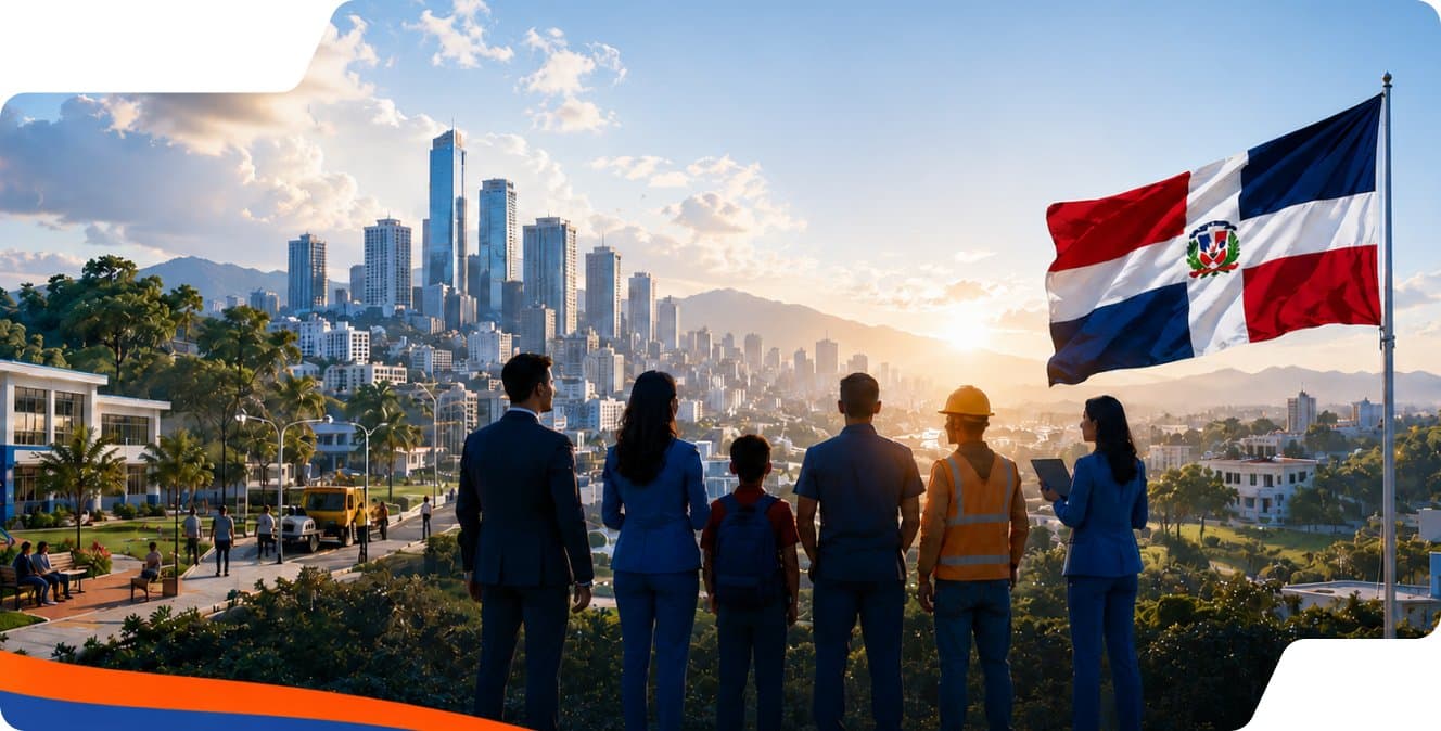 Comunidad dominicana mirando la ciudad con la bandera de República Dominicana