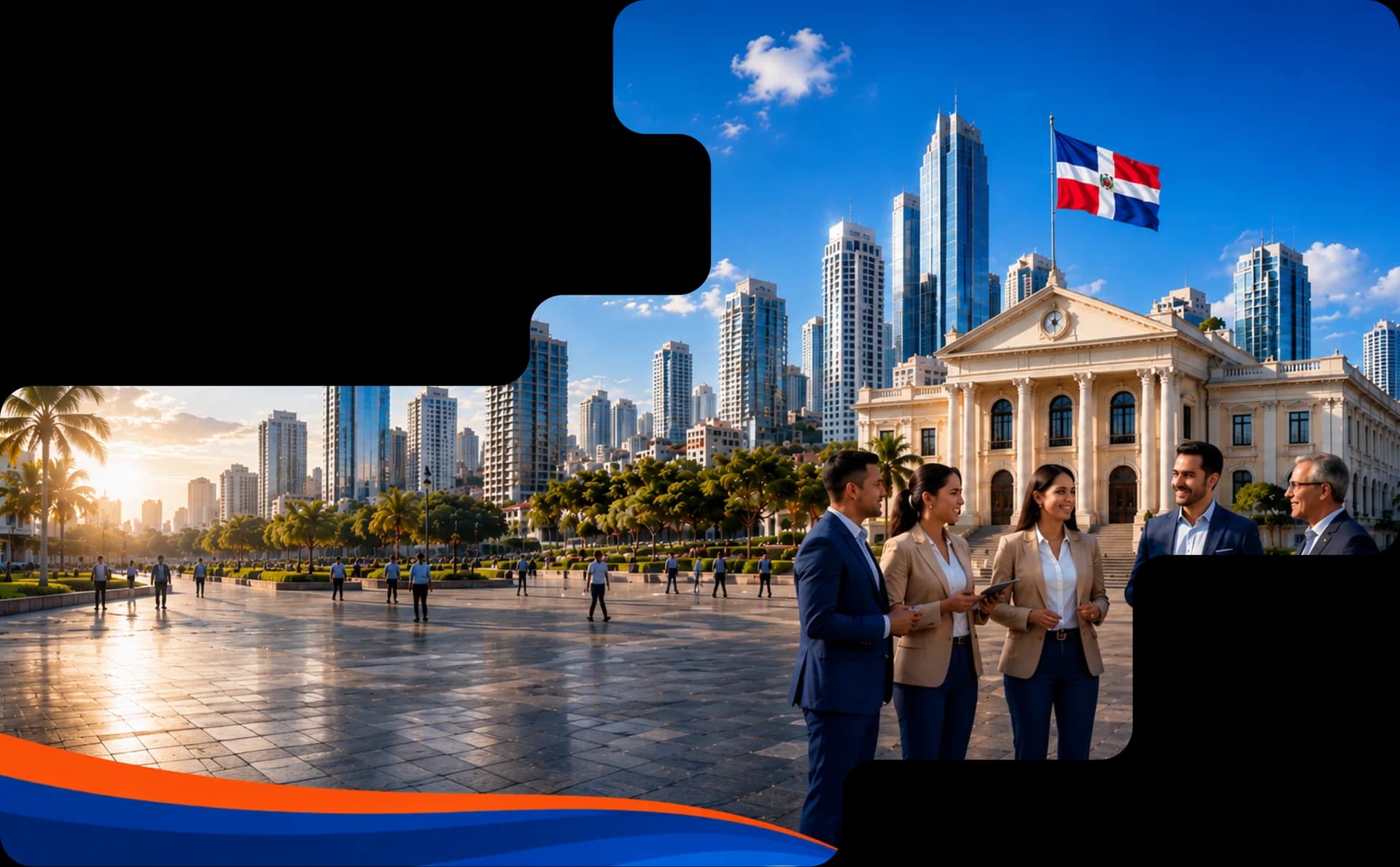 Equipo de la Fundación Inecix frente a un edificio gubernamental con la bandera dominicana